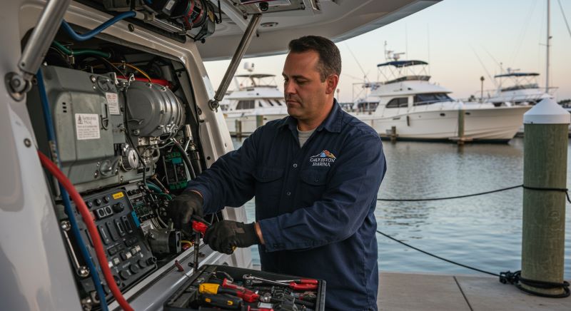 Marine expert working on yacht in Galveston marina with Texas Gulf Coast scenery in background