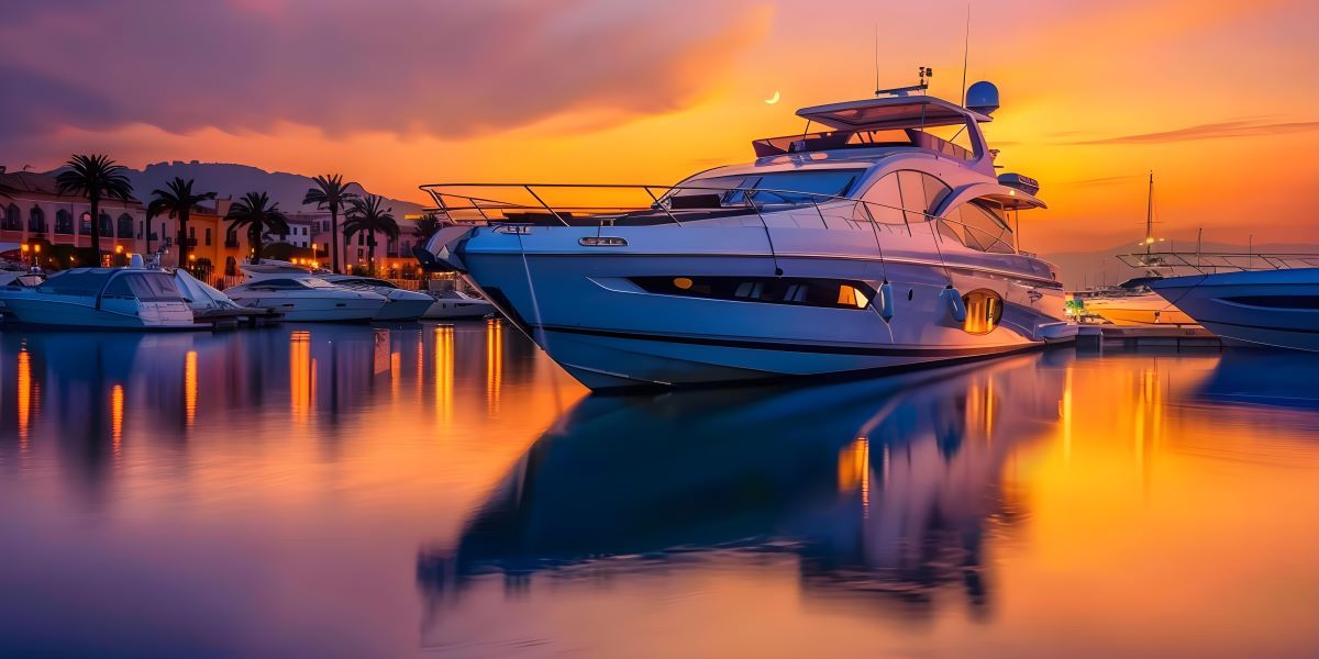 Modern yacht with stern thruster system docked at marina
